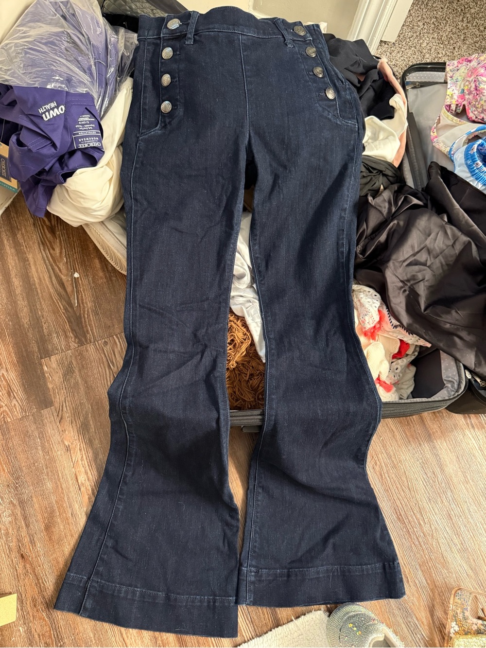 Express Dark Wash Sailor Button Flare Jeans